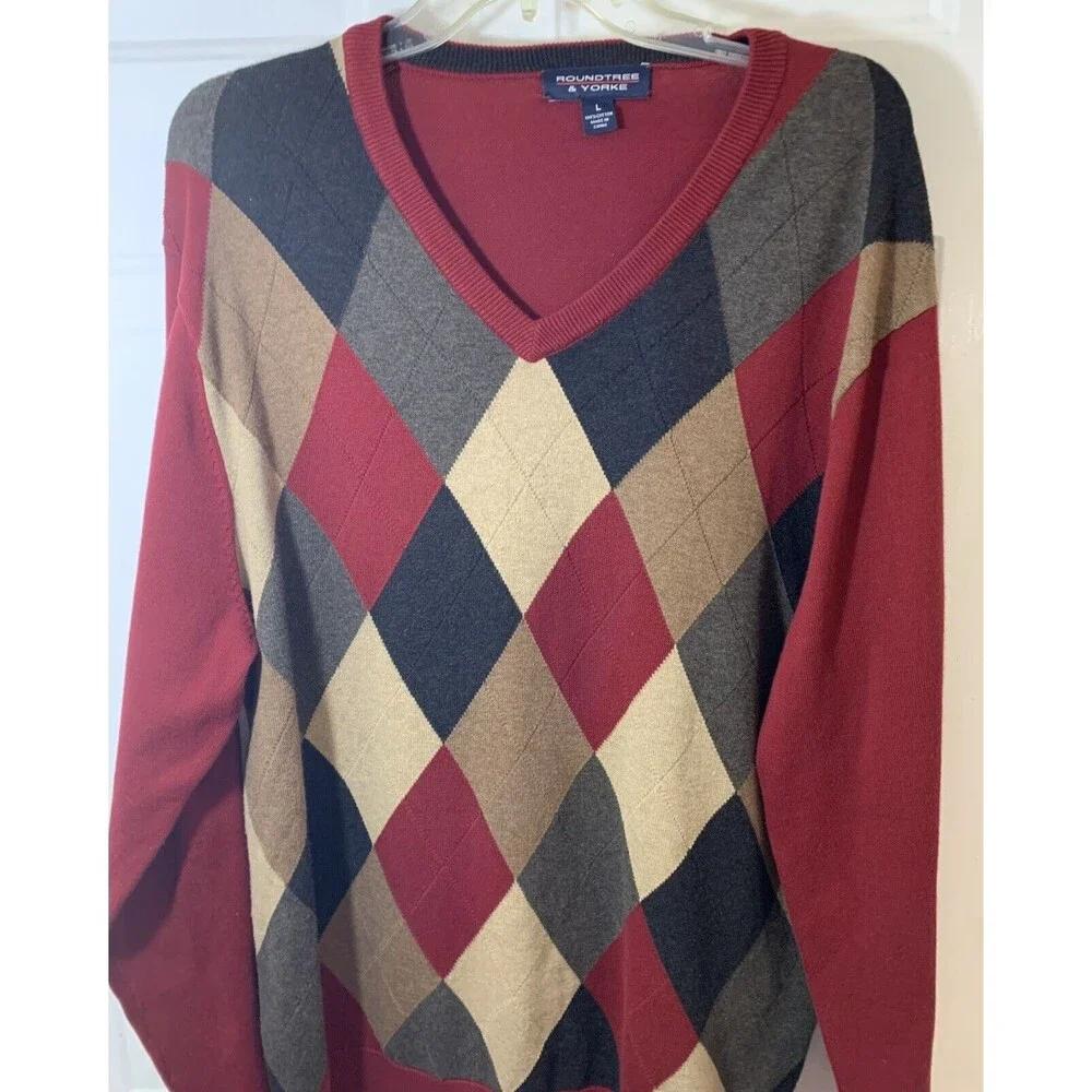 Mens Roundtree & Yorke Maroon Argyle V-neck Cotton Sweater Sz Large Pullover